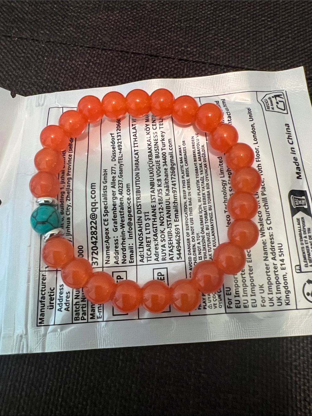 #2424**Orange Beaded Stretch Bracelet Tangerine with Turquoise Accent - Picture 3 of 17